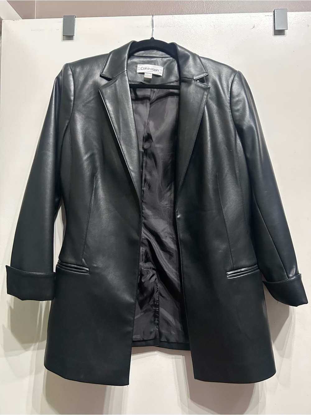 Calvin Klein Black Faux Leather Long Blazer